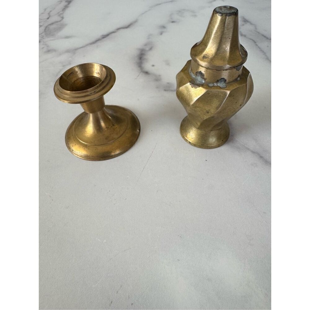 Brass metal pillar candlestick salt pepper shaker bundle of 2 vintage small